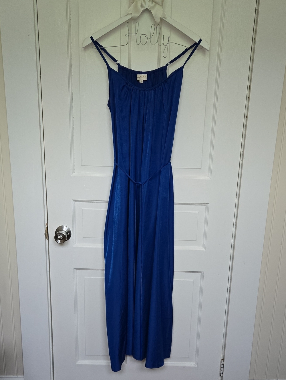 💙 Laura Petites Blue Satin Midi Dress Size 4P Adjustable Straps Pockets